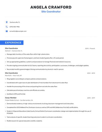 Site Coordinator Resume