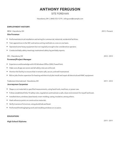 Site Foreman Resume