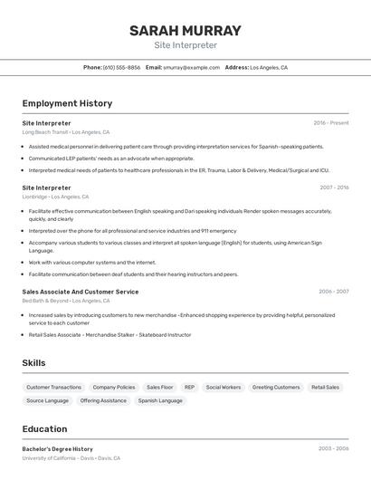 Site Interpreter Resume