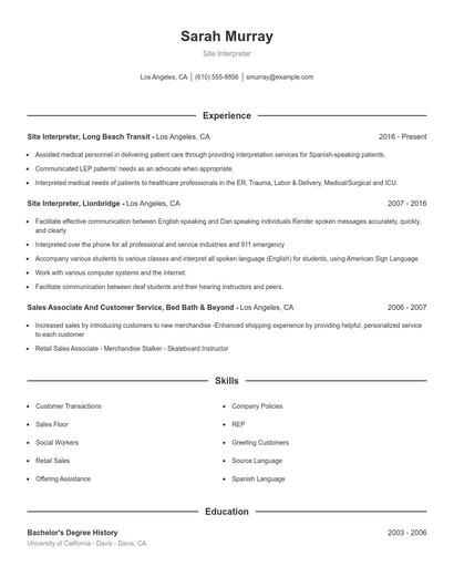 Site Interpreter Resume