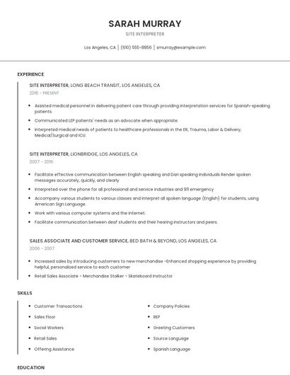 Site Interpreter Resume