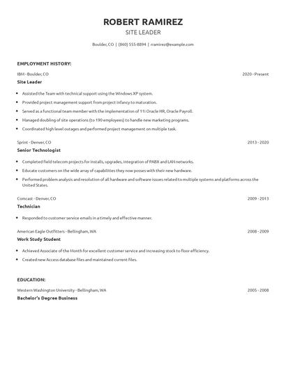 Site Leader Resume