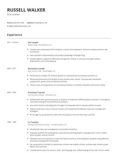 Site Leader Resume