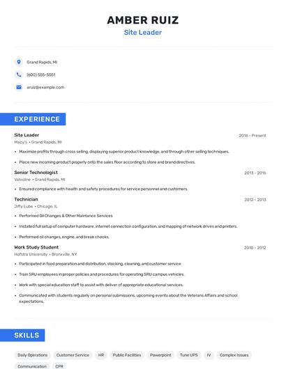 Site Leader Resume