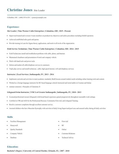 Site Leader Resume
