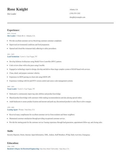 Site Leader Resume