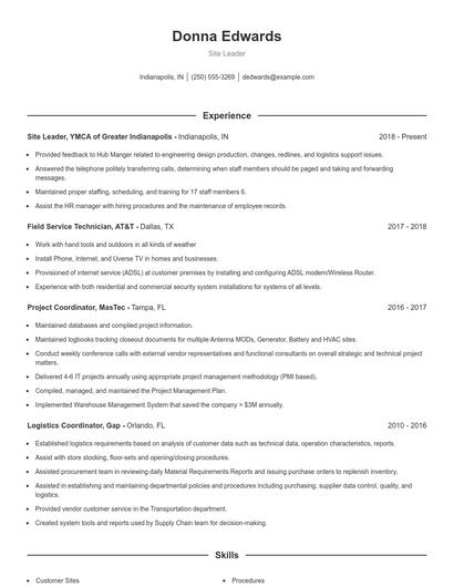 Site Leader Resume