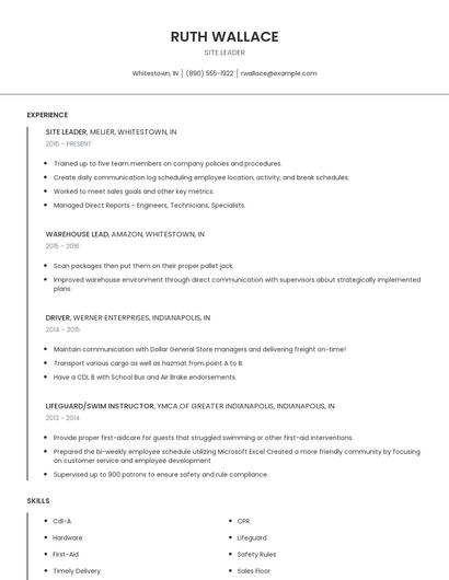 Site Leader Resume