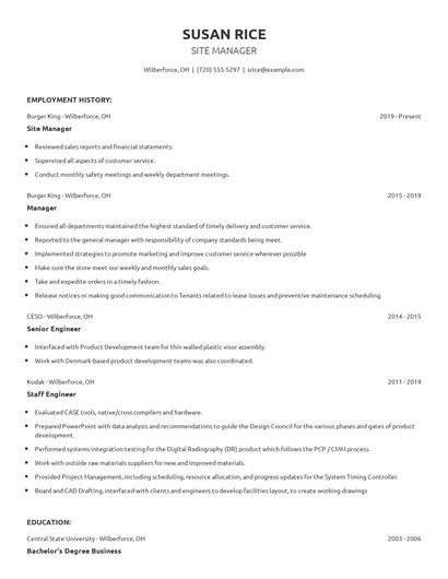Site Manager Resume