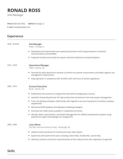 Site Manager Resume
