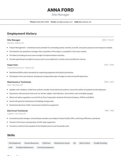 Site Manager Resume