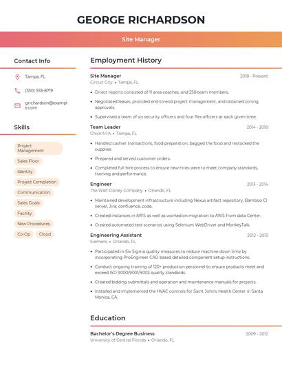 Site Manager Resume