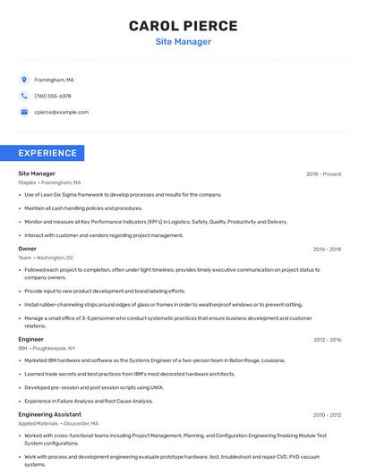 Site Manager Resume