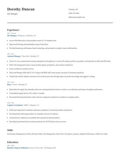 Site Manager Resume