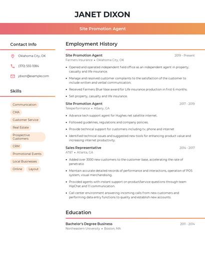 Site Promotion Agent Resume