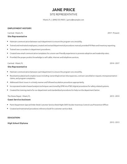 Site Representative Resume