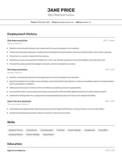 Site Representative Resume
