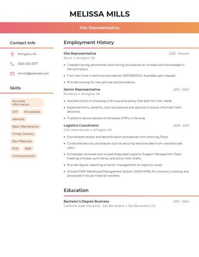 Site Representative Resume