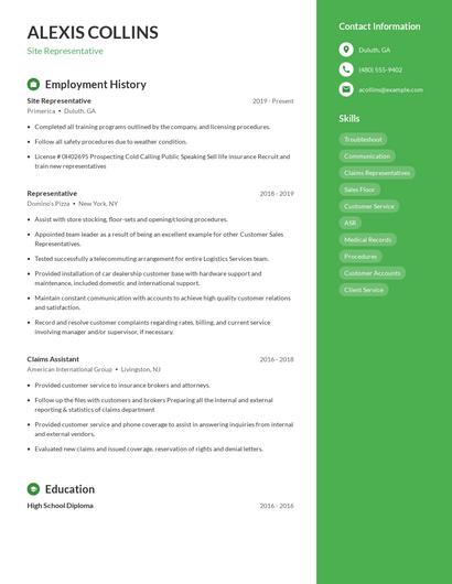 Site Representative Resume