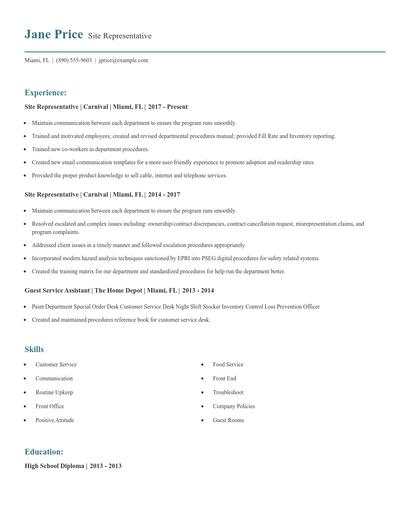 Site Representative Resume