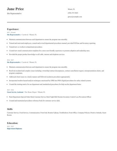 Site Representative Resume