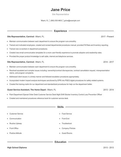 Site Representative Resume