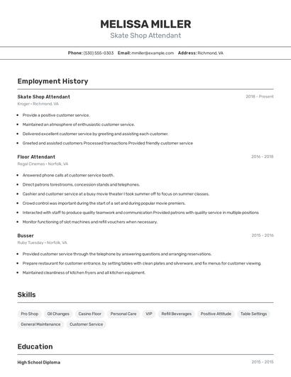 Skate Shop Attendant Resume