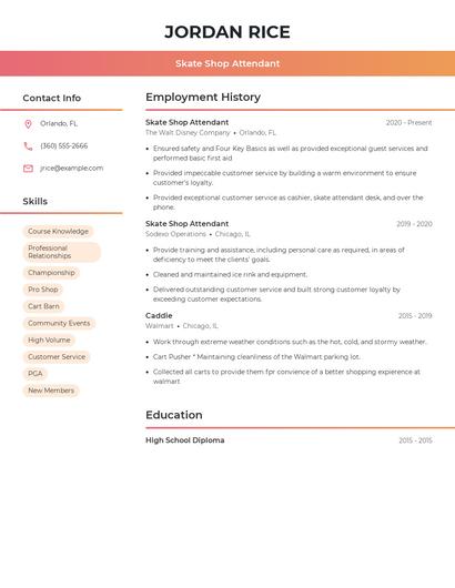 Skate Shop Attendant Resume