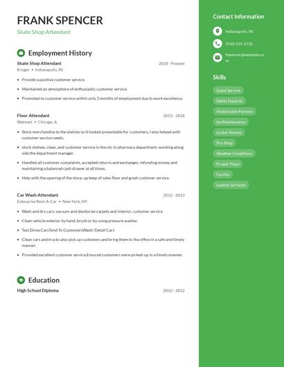 Skate Shop Attendant Resume