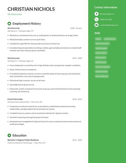 Ski Instructer Resume