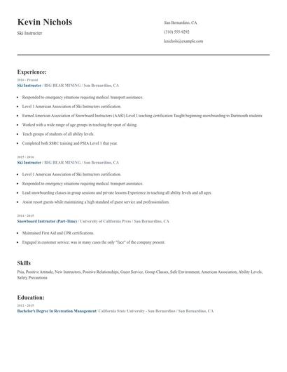 Ski Instructer Resume