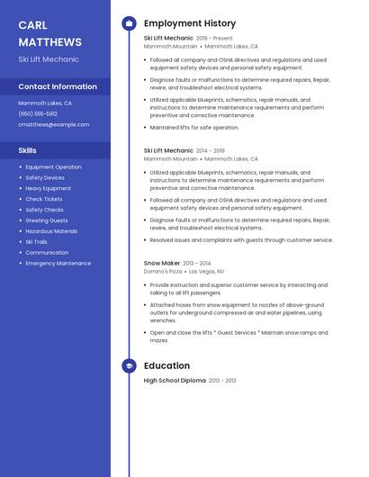 Ski Lift Mechanic Resume
