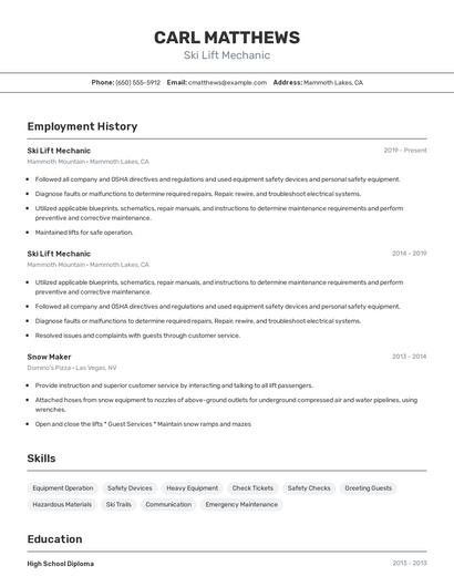 Ski Lift Mechanic Resume