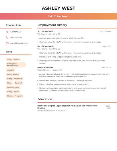 Ski Lift Mechanic Resume