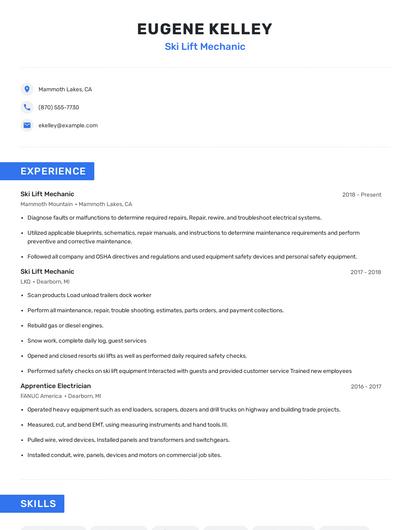 Ski Lift Mechanic Resume