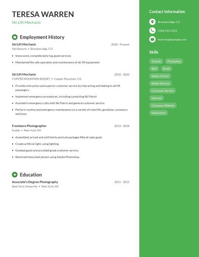 Ski Lift Mechanic Resume