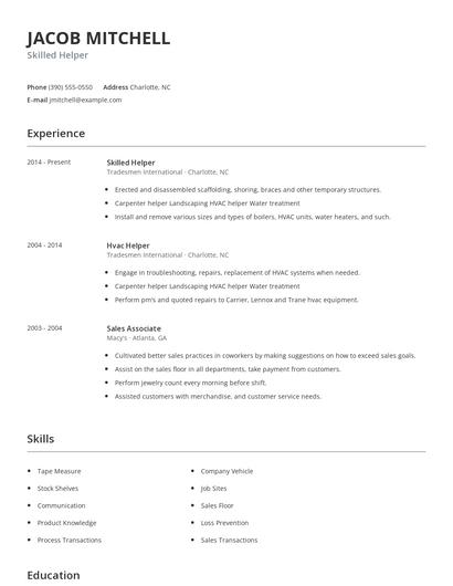 Skilled Helper Resume