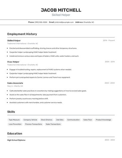 Skilled Helper Resume