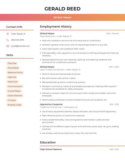 Skilled Helper Resume