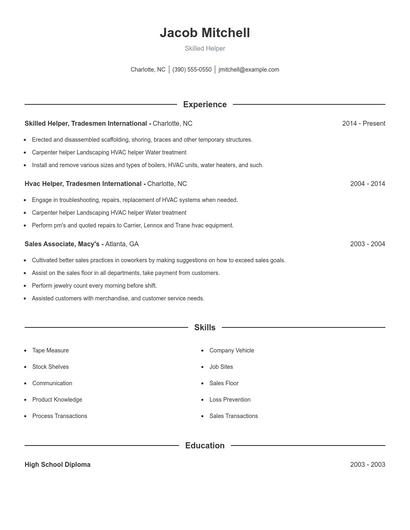 Skilled Helper Resume