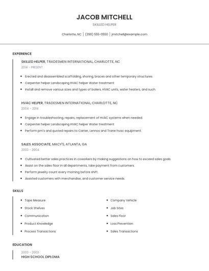 Skilled Helper Resume