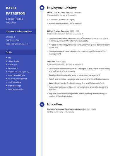 Skilled Trades Teacher Resume