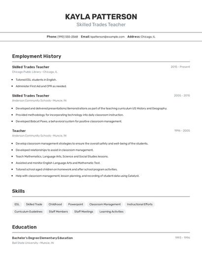 Skilled Trades Teacher Resume