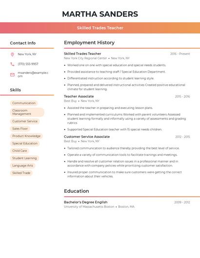 Skilled Trades Teacher Resume