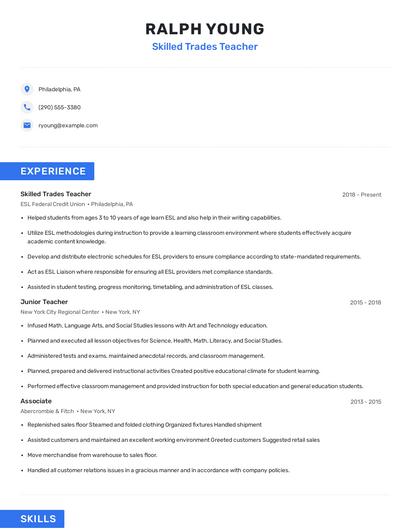 Skilled Trades Teacher Resume
