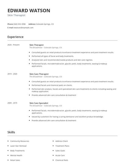 Skin Therapist Resume