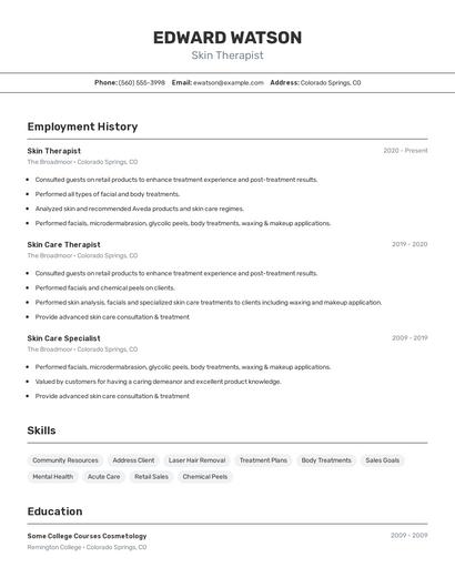 Skin Therapist Resume