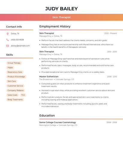 Skin Therapist Resume
