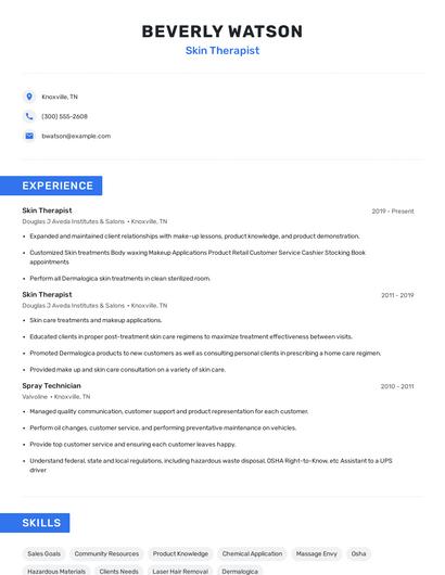Skin Therapist Resume