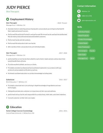 Skin Therapist Resume